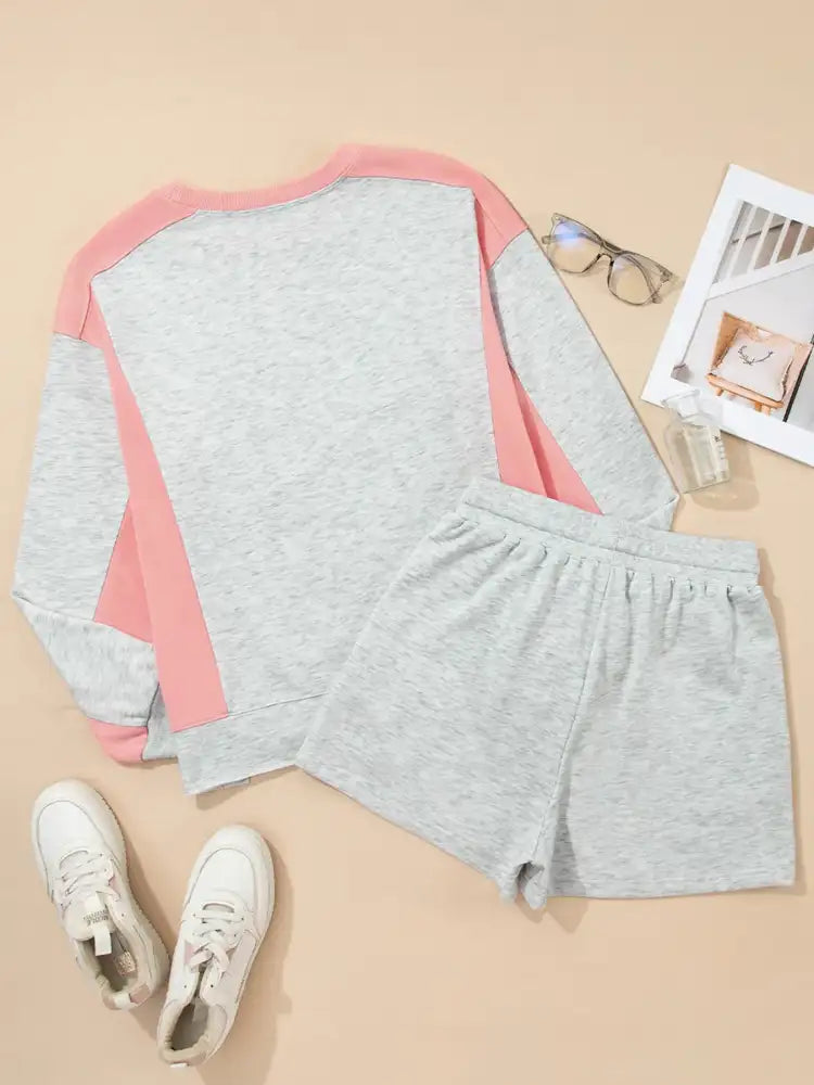 Color Block Long Sleeve Sweatshirt and Shorts Set