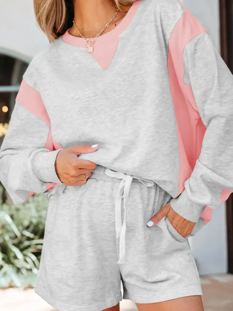 Color Block Long Sleeve Sweatshirt and Shorts Set