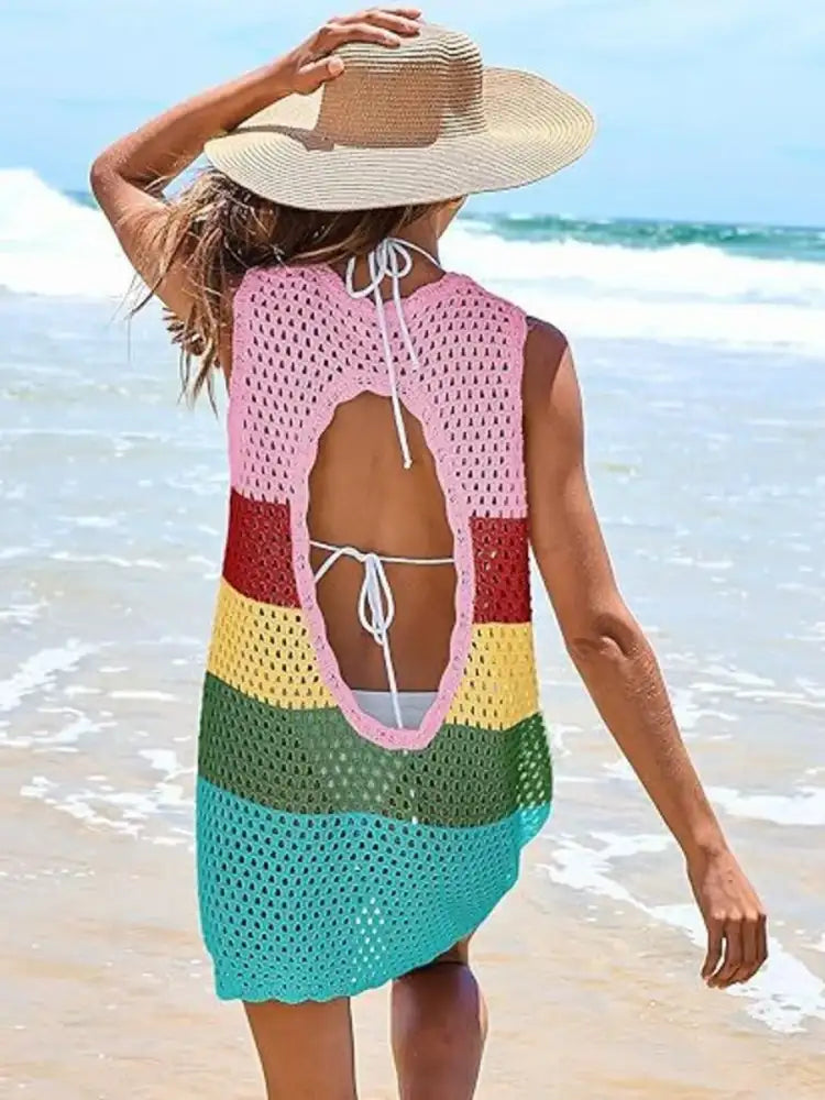 Color Block Openwork Sleeveless Cutout Back Cover-Up