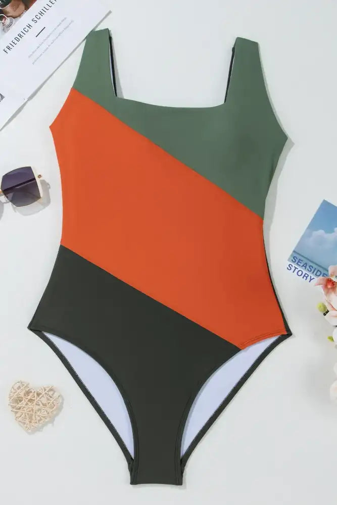 Color Block Padded Square Neck One Piece Swimsuit