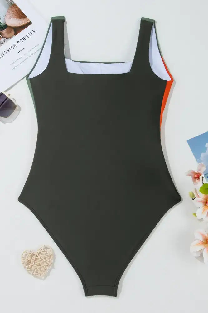 Color Block Padded Square Neck One Piece Swimsuit