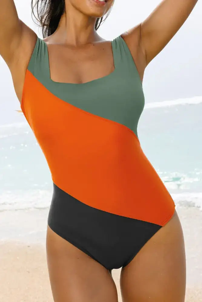 Color Block Padded Square Neck One Piece Swimsuit