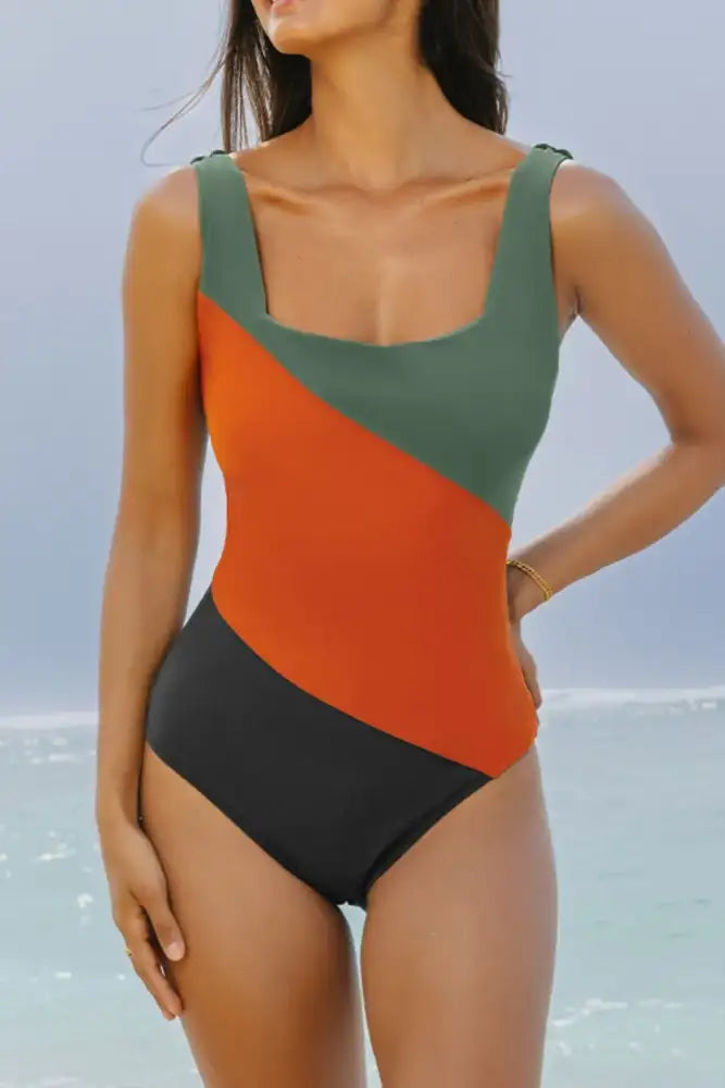 Color Block Padded Square Neck One Piece Swimsuit