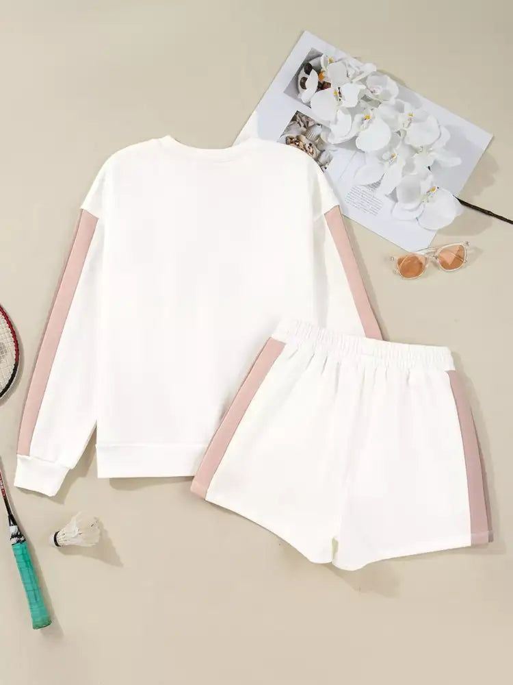 Color Block Patchwork Drop Shoulder Pullover and Shorts Set