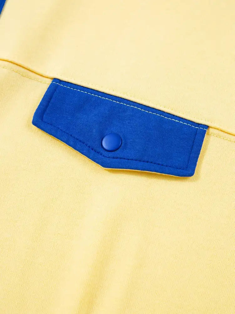 Color Block Patchwork Half Button Top and Shorts 2pcs Set