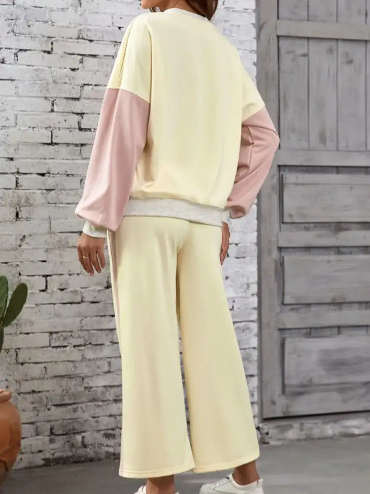 Color Block Round Neck Top and Pants Set