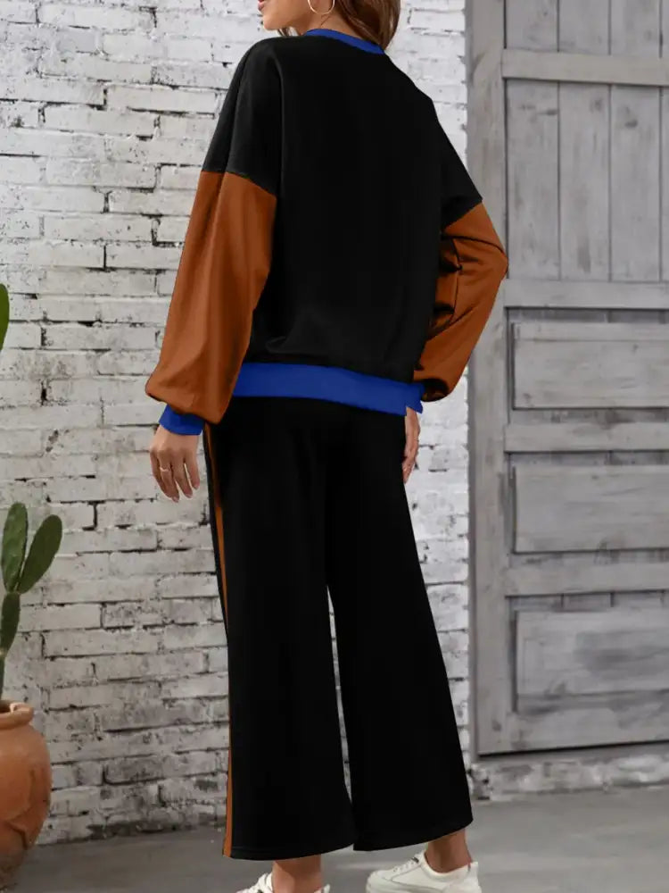 Color Block Round Neck Top and Pants Set