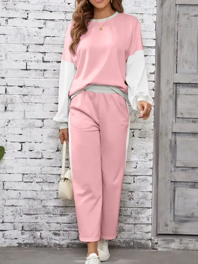 Color Block Round Neck Top and Pants Set