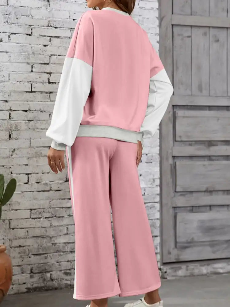 Color Block Round Neck Top and Pants Set