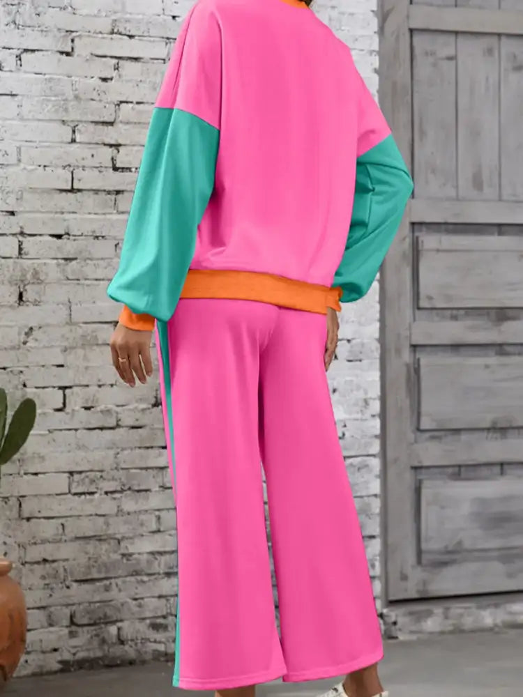 Color Block Round Neck Top and Pants Set