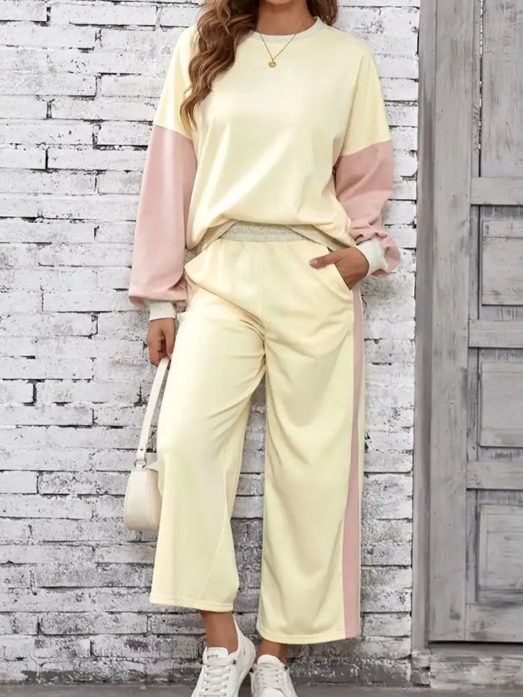 Color Block Round Neck Top and Pants Set