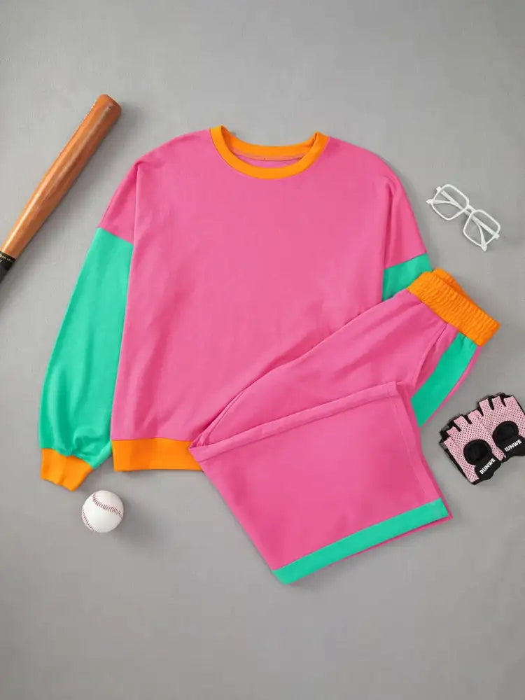 Color Block Round Neck Top and Pants Set