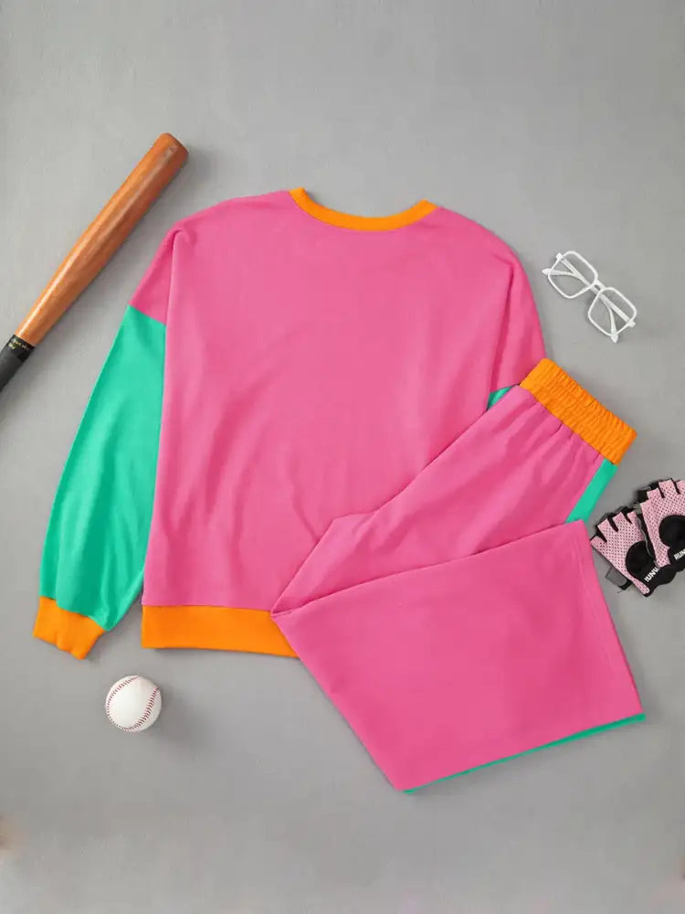 Color Block Round Neck Top and Pants Set