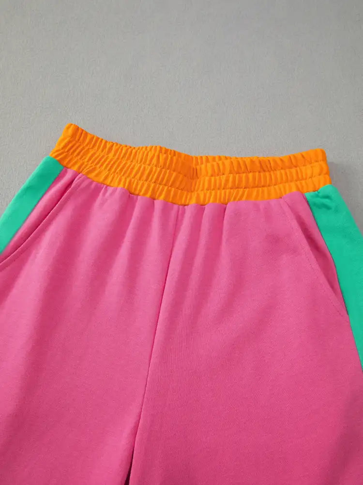 Color Block Round Neck Top and Pants Set