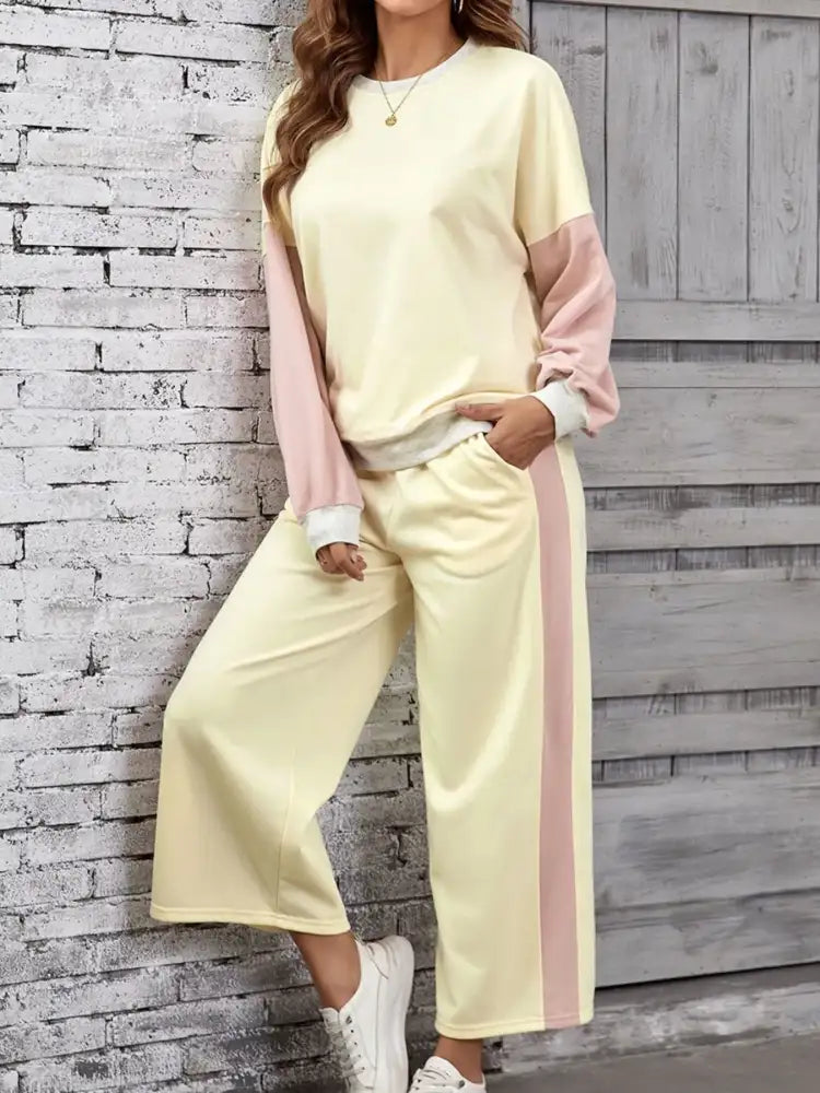 Color Block Round Neck Top and Pants Set