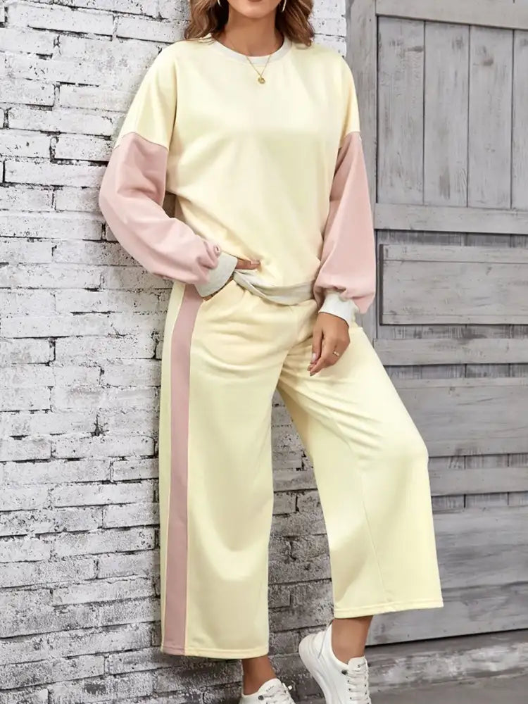 Color Block Round Neck Top and Pants Set