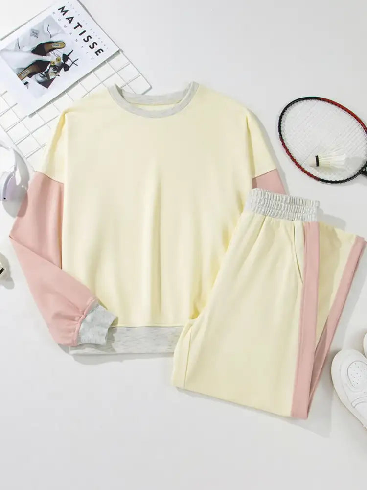 Color Block Round Neck Top and Pants Set