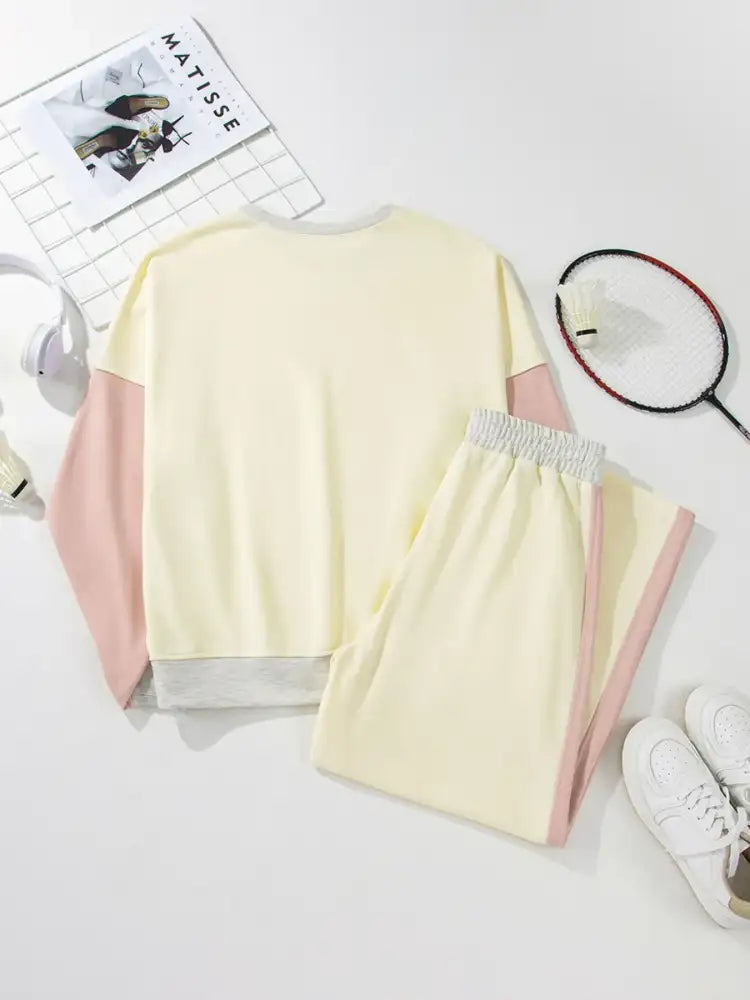 Color Block Round Neck Top and Pants Set