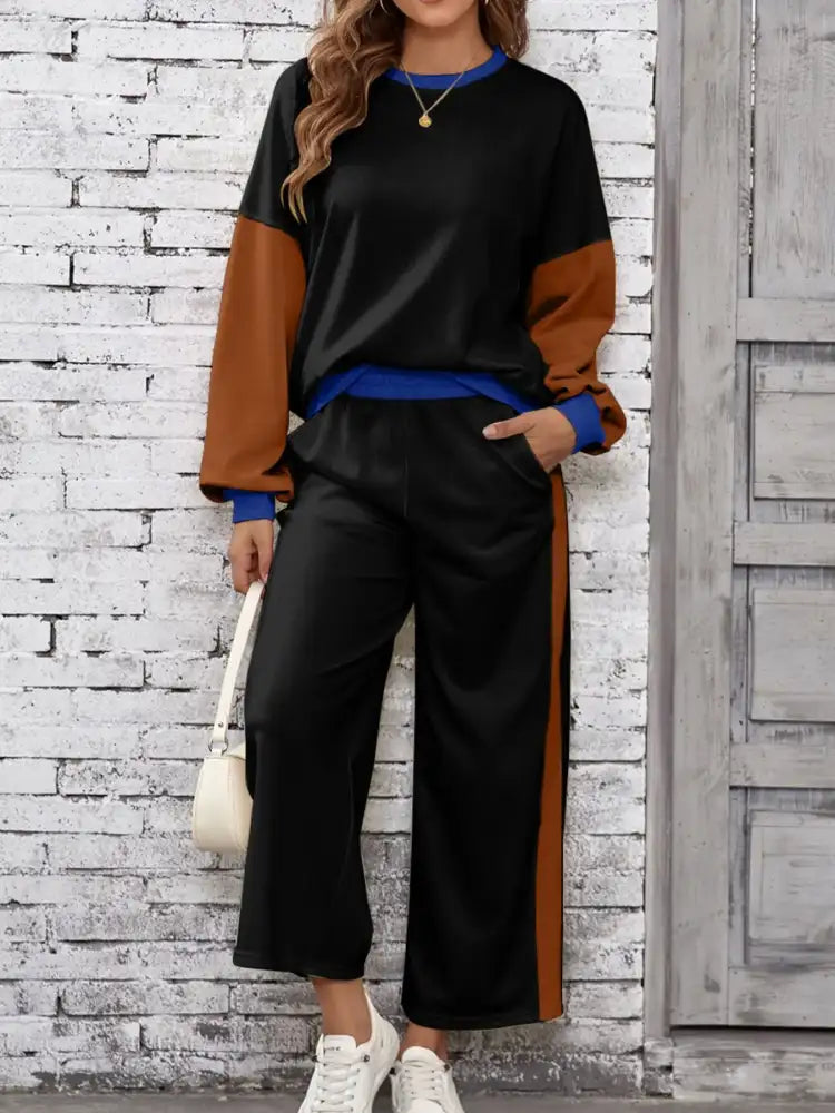 Color Block Round Neck Top and Pants Set