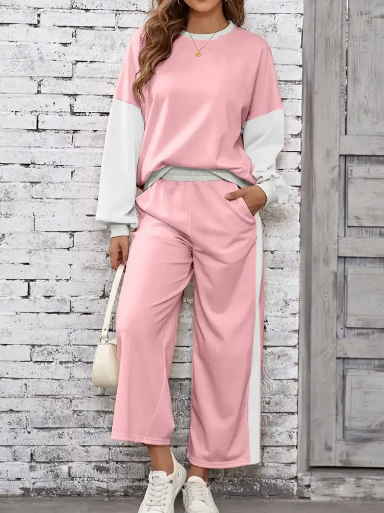 Color Block Round Neck Top and Pants Set