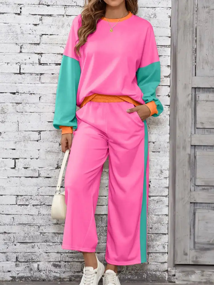 Color Block Round Neck Top and Pants Set