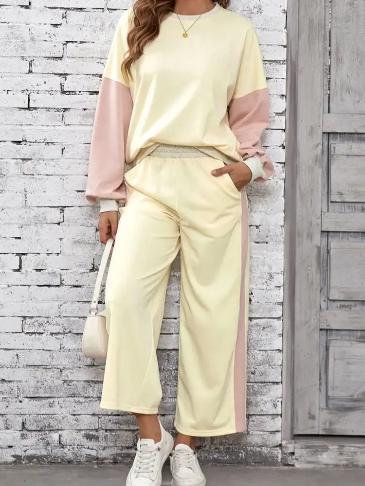 Color Block Round Neck Top and Pants Set