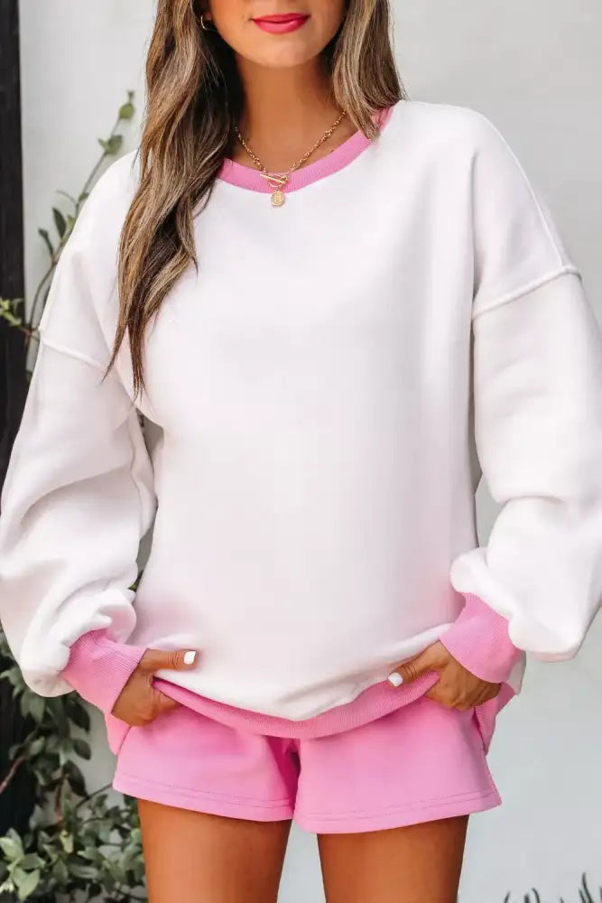 Color Block Sweatshirt and Elastic Waist Shorts Set