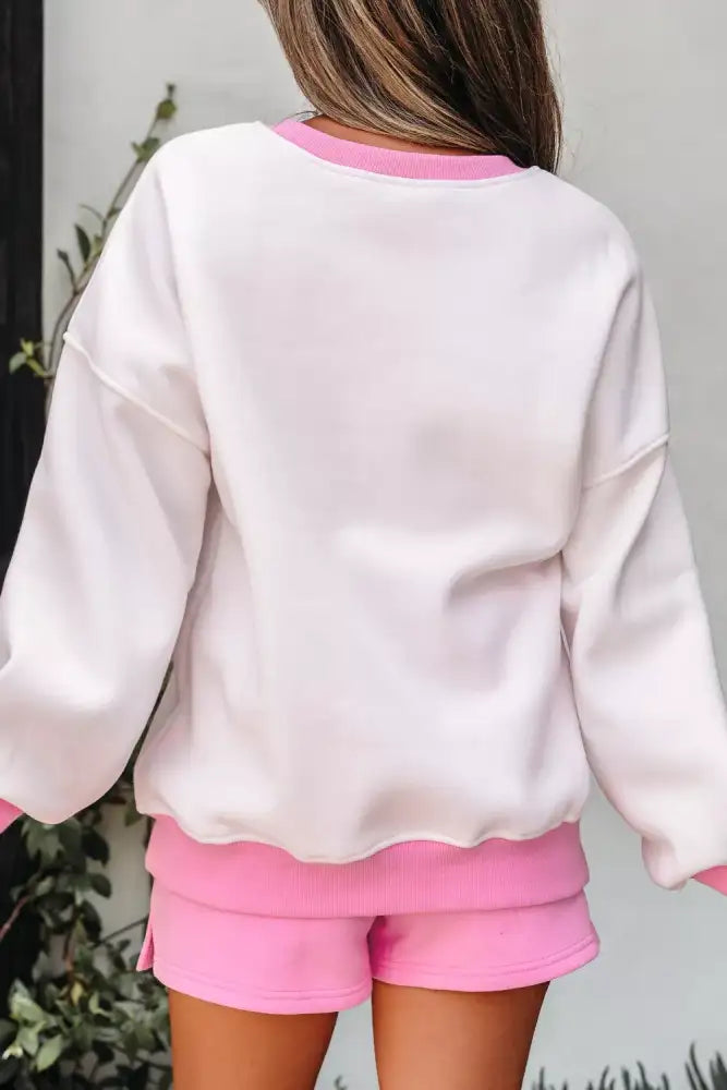 Color Block Sweatshirt and Elastic Waist Shorts Set