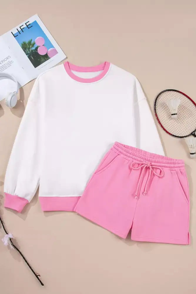 Color Block Sweatshirt and Elastic Waist Shorts Set