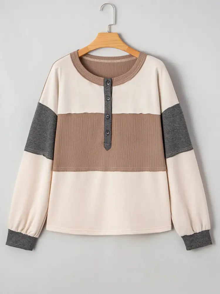 Color Block Waffled Loose Henley Top