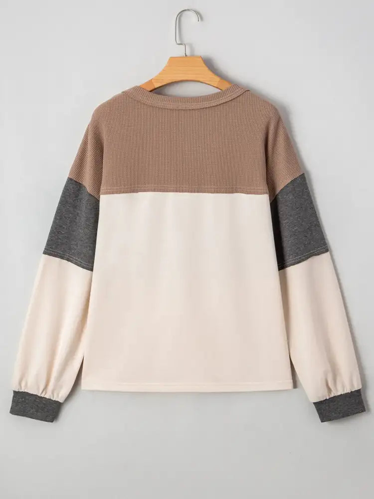 Color Block Waffled Loose Henley Top