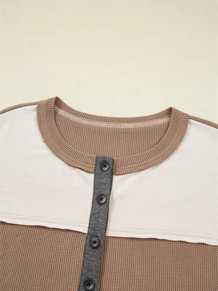 Color Block Waffled Loose Henley Top