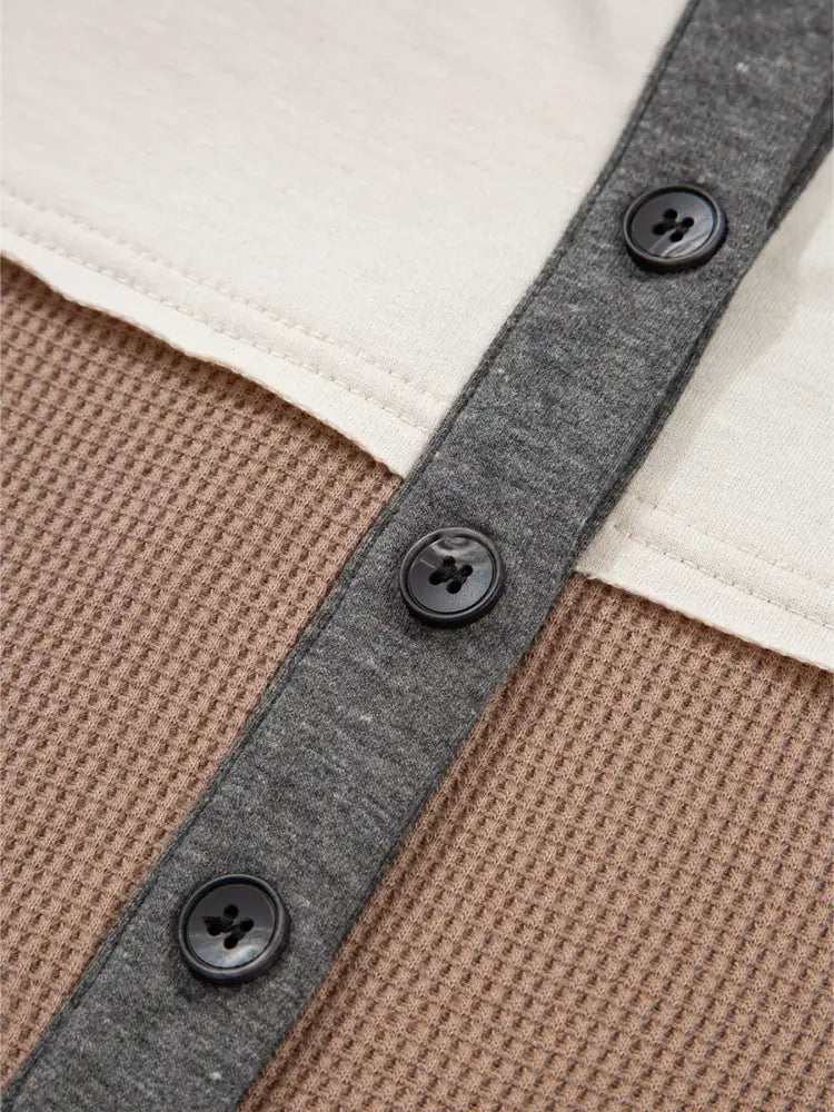 Color Block Waffled Loose Henley Top