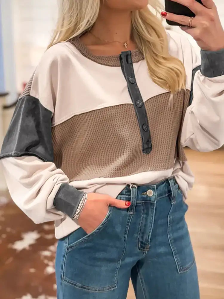 Color Block Waffled Loose Henley Top