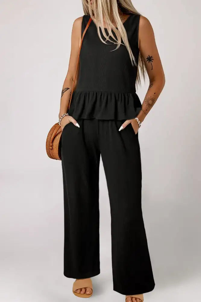 Color Ribbed Ruffle Tank Top and Pants Set