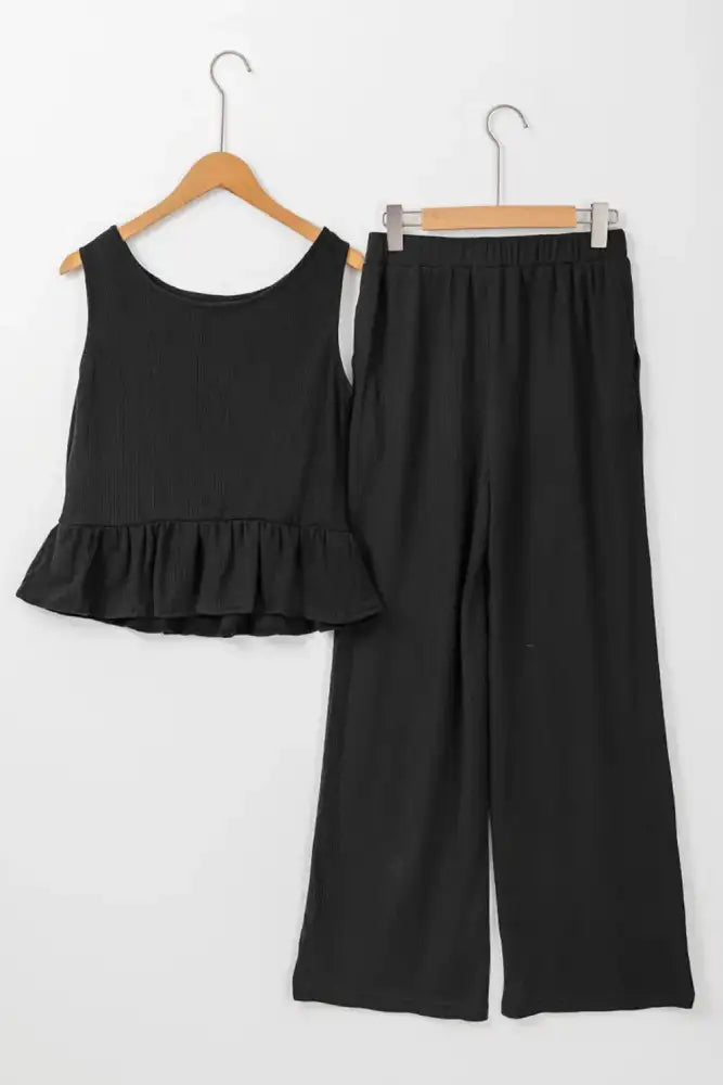 Color Ribbed Ruffle Tank Top and Pants Set
