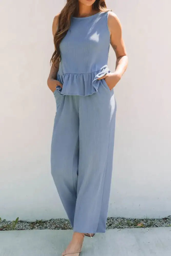 Color Ribbed Ruffle Tank Top and Pants Set