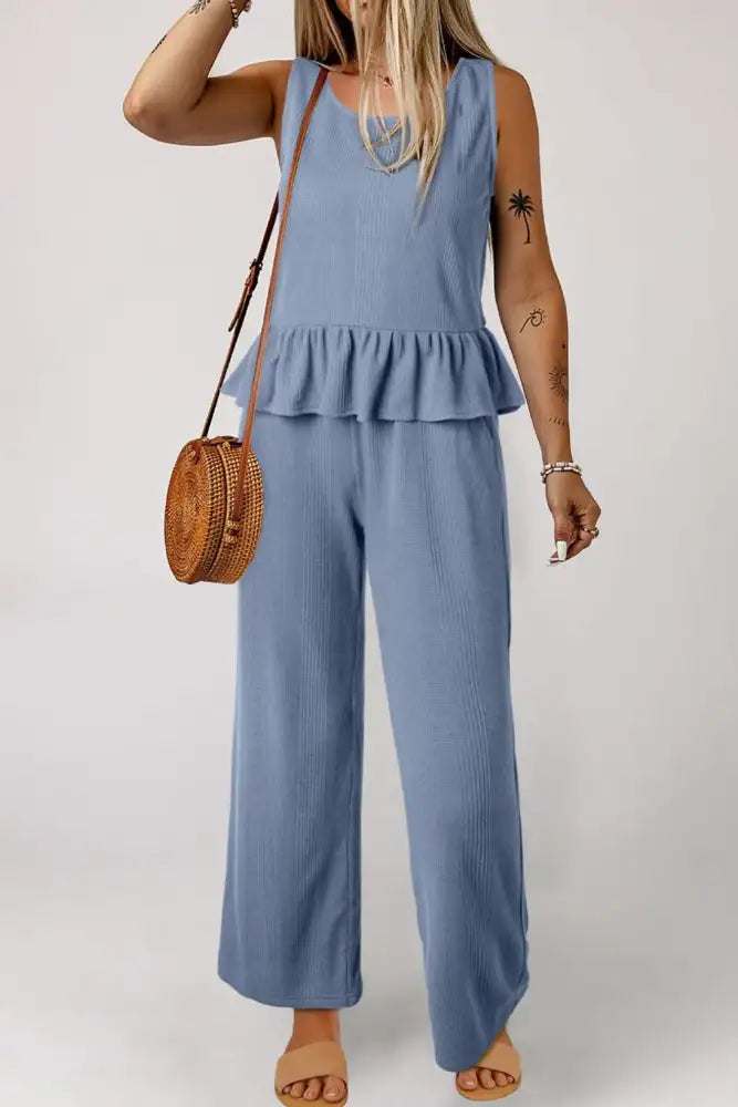 Color Ribbed Ruffle Tank Top and Pants Set