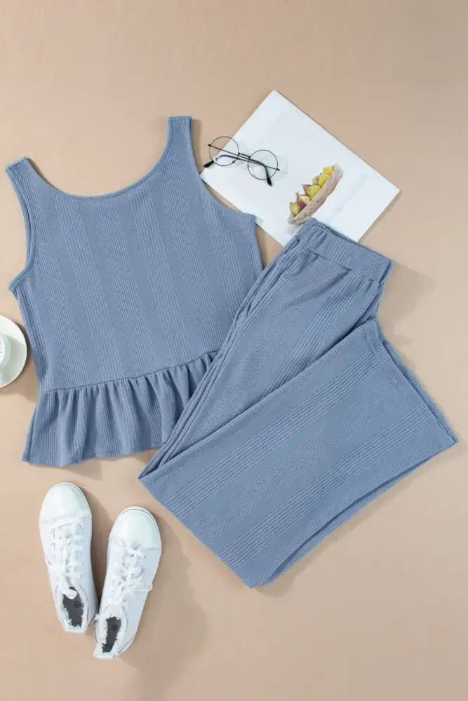 Color Ribbed Ruffle Tank Top and Pants Set