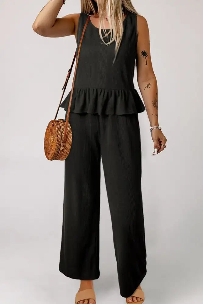 Color Ribbed Ruffle Tank Top and Pants Set