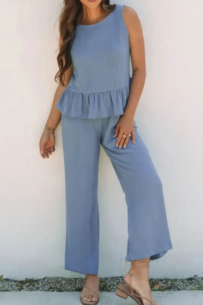 Color Ribbed Ruffle Tank Top and Pants Set