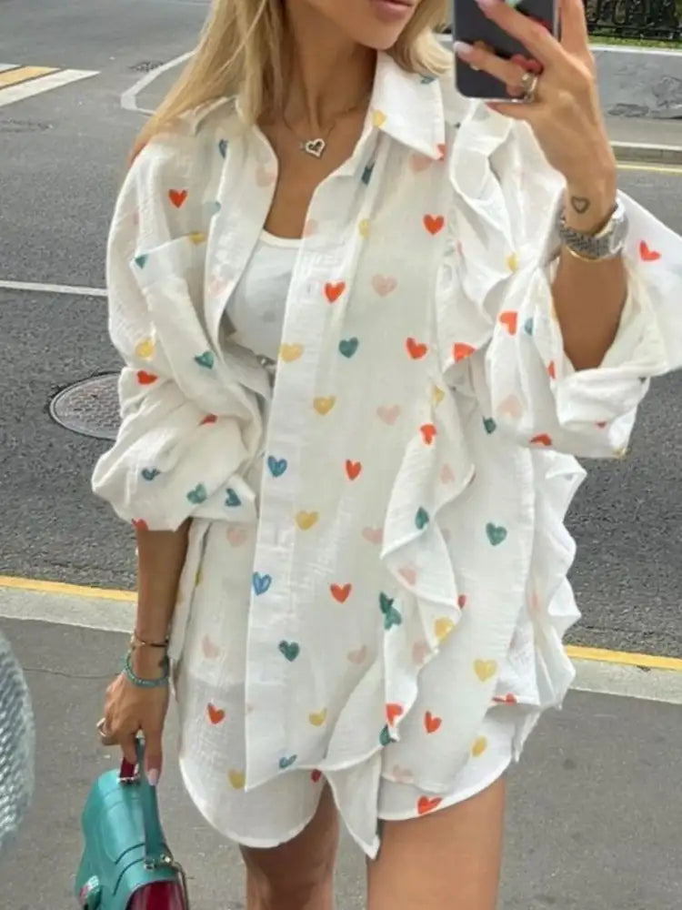 Colorful Heart Print Shirt and Shorts Set