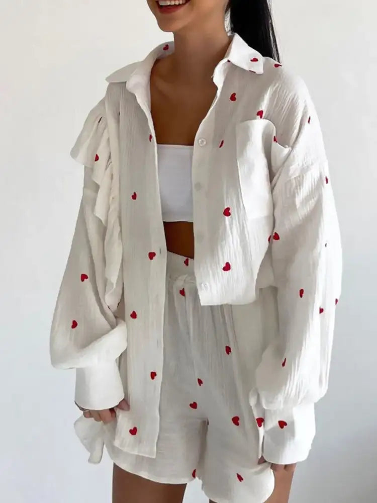 Colorful Heart Print Shirt and Shorts Set