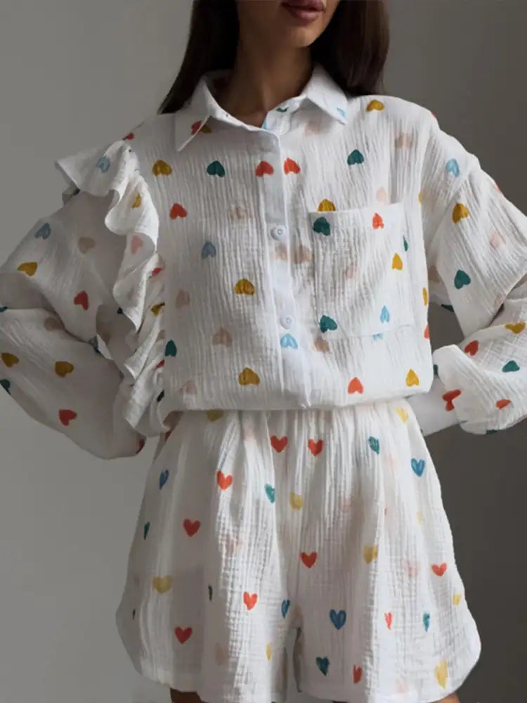 Colorful Heart Print Shirt and Shorts Set
