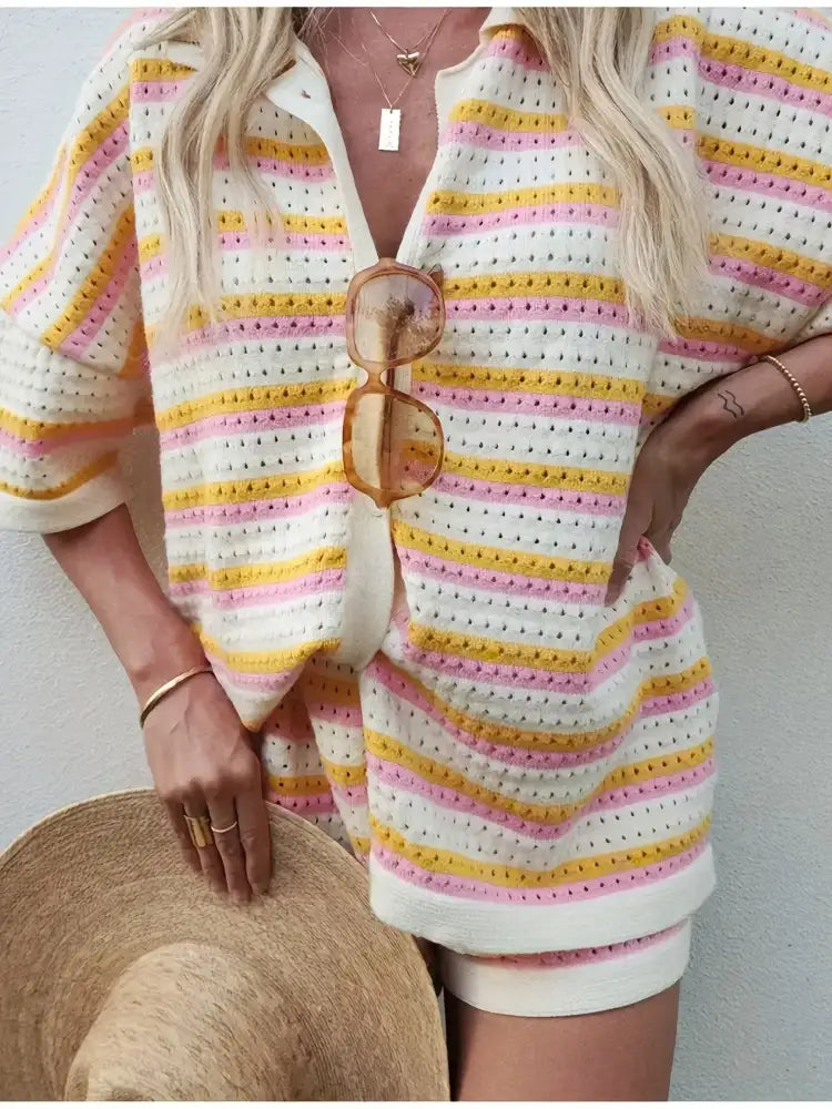 Colorful Striped Button Up Top and Shorts Sweater Set