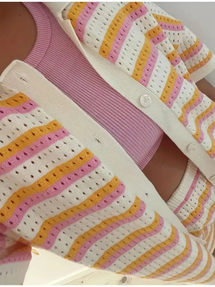 Colorful Striped Button Up Top and Shorts Sweater Set