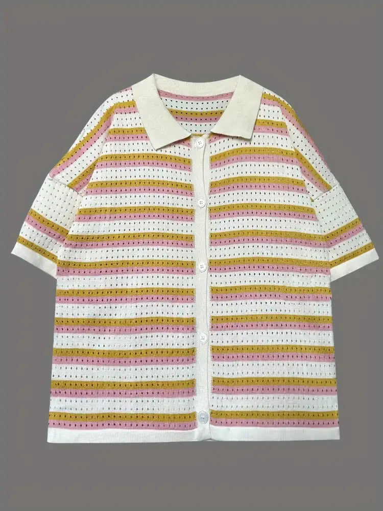 Colorful Striped Button Up Top and Shorts Sweater Set