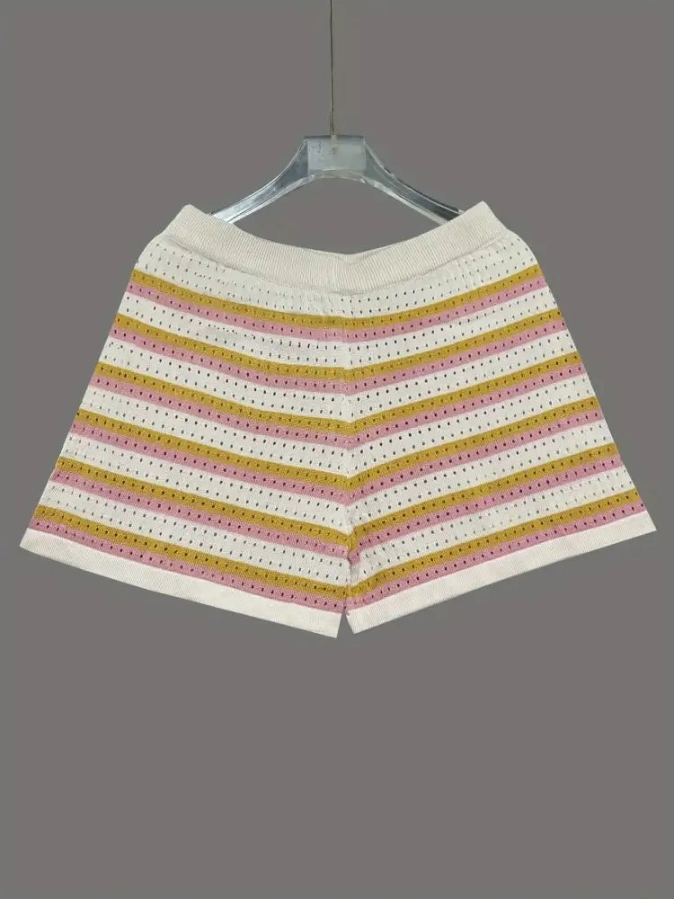 Colorful Striped Button Up Top and Shorts Sweater Set