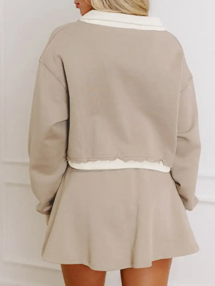 Contrast Collared Neck Top and Drawstring Mini Skirt Set