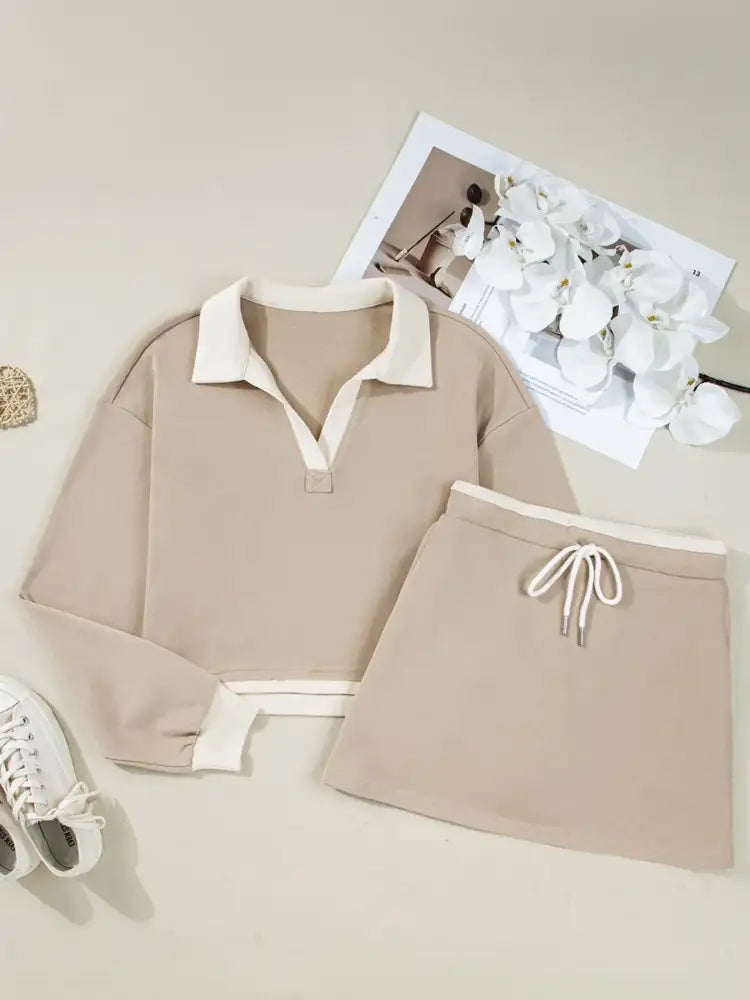 Contrast Collared Neck Top and Drawstring Mini Skirt Set